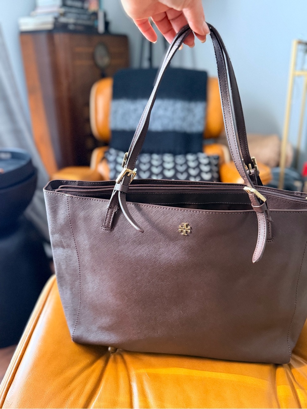 Tory Burch Chocolate Brown Leather Tote with Gold Logo